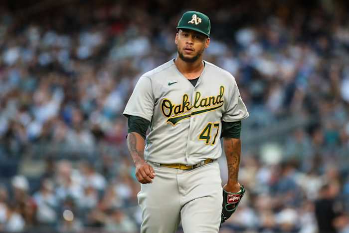 Oakland Athletics SP Frankie Montas walks off mound